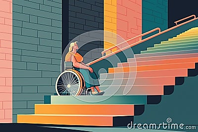 Woman with disability in the wheelchair stops near stairs, concept of Inclusion, created with Generative AI technology Stock Photo
