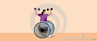 Woman disabled person in wheelchair with dumbbells isolated, inclusive sport, flat vector stock illustration with disabled athlete Cartoon Illustration