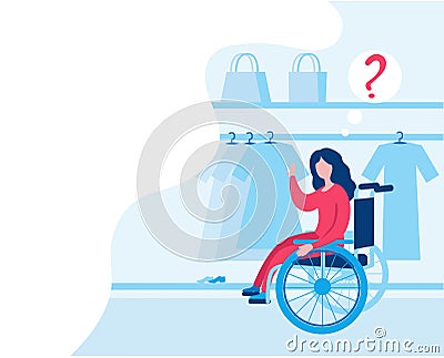 Woman disabled person in a wheelchair is shopping at a clothing store. Vector Illustration