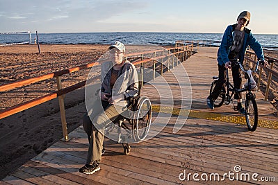 woman disabled on the terrace built specifically for disabled wheelchair Editorial Stock Photo