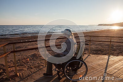 woman disabled on the terrace built specifically for disabled wheelchair Editorial Stock Photo