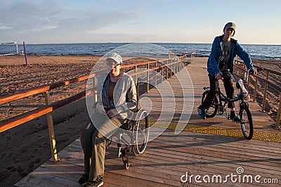 woman disabled on the terrace built specifically for disabled wheelchair Editorial Stock Photo