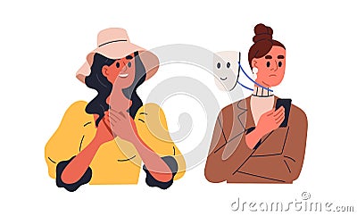 Woman disguised in fake hypocrite smiling mask, indifferent to person talk. Hiding indifference, pretending polite in Vector Illustration