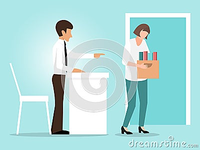 Woman dismissal concept vector illustration. Businessman fired woman. Girl with box quit work, unfair dismissed Vector Illustration