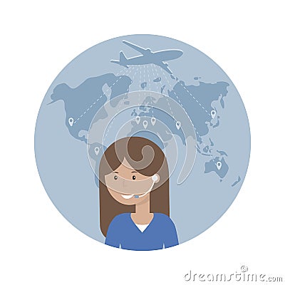 Woman Dispatcher and Map of the World Vector Illustration