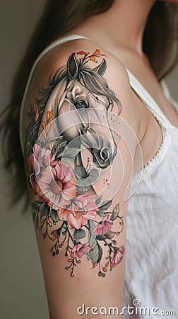 A woman displaying a detailed horse tattoo on her upper arm, showcasing intricate artwork and design Stock Photo