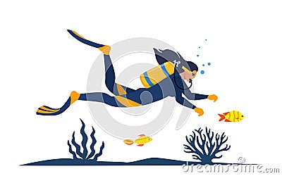 Woman diver with diving equipment wearing wetsuit with oxygen tank and fins. Diver swiming among algae, corals. fishes. Vector Vector Illustration