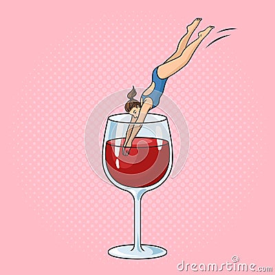 Woman dives into glass of wine pop art raster Cartoon Illustration