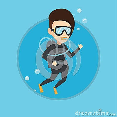 Woman diving with scuba and showing ok sign. Vector Illustration