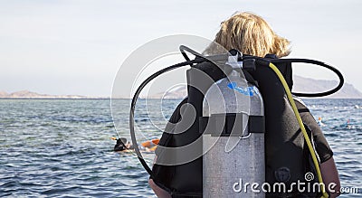 Woman in diving suit with aqualung ready to dive into sea Stock Photo