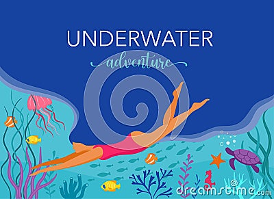 Woman diving with wild marine animals in ocean. Sea world, cute underwater creatures, coral reef, undersea fauna of Vector Illustration