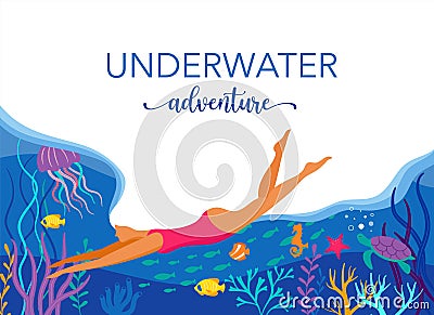 Woman diving with wild marine animals in ocean. Sea world, cute underwater creatures, coral reef, undersea fauna of Vector Illustration