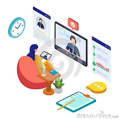 Woman do communication with customer care. Business worker distancing connection. Female with customer care support, tablet, ratin Vector Illustration