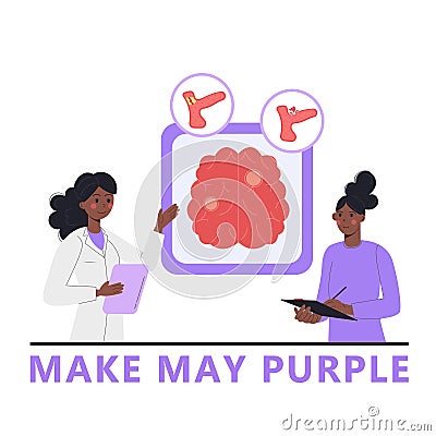 Woman doctor and African American woman patient exploring brain stroke in flat style. Make May Purple Vector Illustration