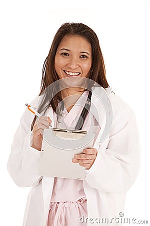 Woman doctor chart pen smile Stock Photo