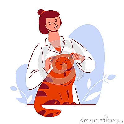 Woman doctor cleans heals cat ears. Taking care of grooming for pets. Vector illustration in flat cartoon style. Vector Illustration