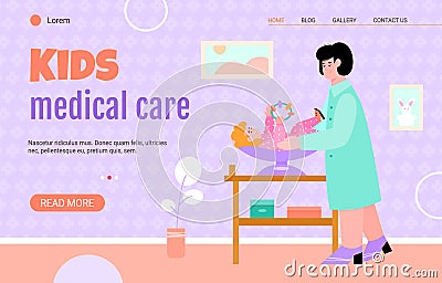 A woman doctor examines a newborn baby-vector web page template. Vector Illustration