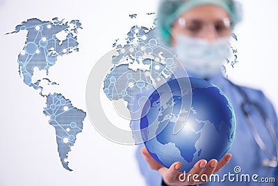 The woman doctor holding earth in globalisation concept Stock Photo