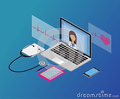 Woman doctor, laptop, 3d isometric 3-2 stet Vector Illustration