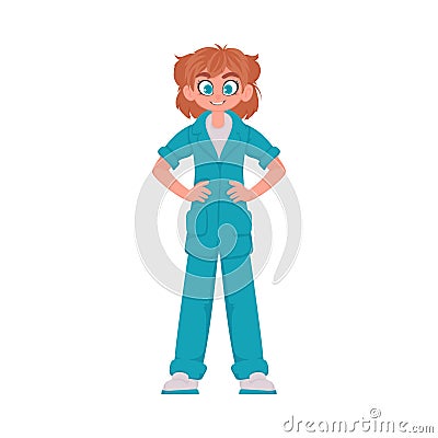 The woman doctor looks funny and attractive when she wears her special clothes. Vector Illustration. Vector Illustration