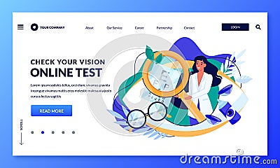 Woman doctor with magnifying lens and vision Snellen chart. Eyesight check test eye care concept. Vector illustration Vector Illustration