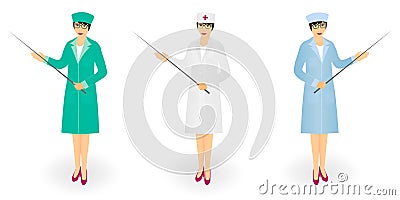 Woman doctor in medical coat holding pointer with stick. Young nurse with a pointer. Vector Illustration