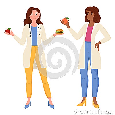Woman doctor nutritionist. A female nutritionist with healthy and unhealthy food in her hands. Health care and weight Vector Illustration