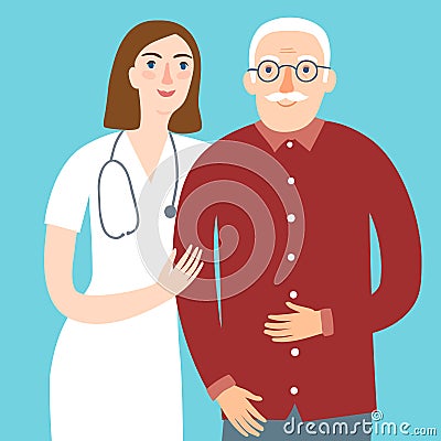 Woman doctor and and old man Cartoon Illustration