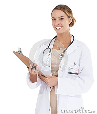 Woman, doctor and portrait with checklist in studio for medical service, assessment and consultation. Professional or Stock Photo