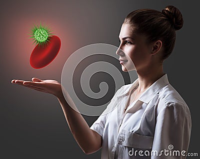 Doctor presents erythrocyte with viral cell. Stock Photo