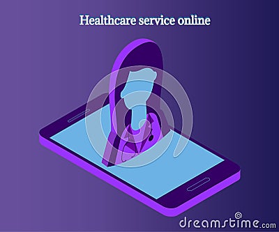 Woman doctor, smartphone, 3d isometric 2 violet Vector Illustration