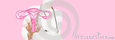 Woman doctor touching 3d rendering female reproductive system. Medical personal on pink background with shine and Cartoon Illustration