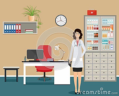 Woman doctor in uniform standing near the desk in doctors office. Medical consulting room interior Vector Illustration