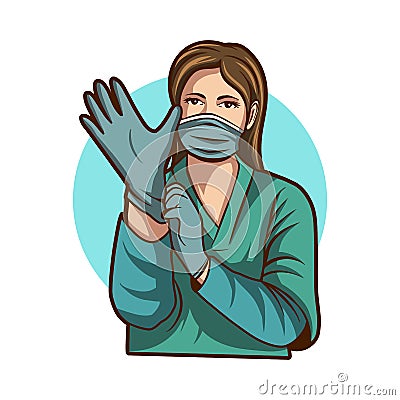 Woman doctor wearing hand glove ready to surgery isolated white background Vector Illustration