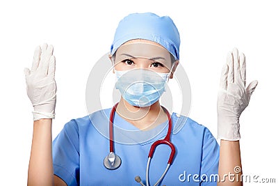 Woman doctor wearing medical gloves Stock Photo