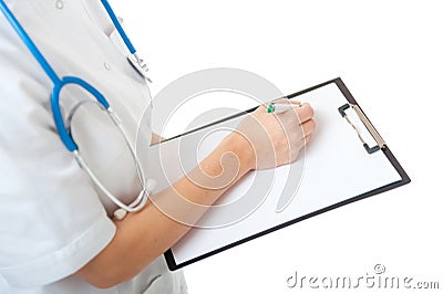 Woman doctor writing on blank clipboard on white background Stock Photo
