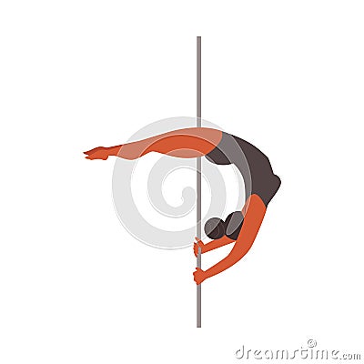 Woman does an acrobatic trick on pole flat vector illustration isolated on white. Cartoon Illustration