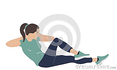 A woman does an exercise for the stomach, reaches her elbow to the knee, a girl does sports or yoga in sports clothes Vector Illustration