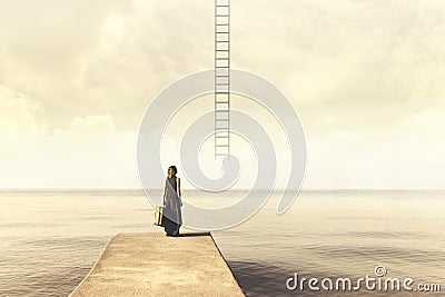 woman does not know if climb up a staircase from the sky to a disenchanted destination Stock Photo