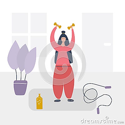 Woman does sports at home, fitness, dumbbells, jump rope, water bottle. Stock Photo
