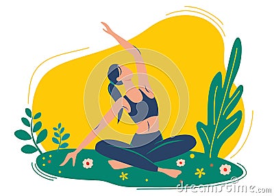 Woman does yoga exercise, yoga pose. The concept of outdoor yoga. Yoga classes in nature. Healthy Lifestyle Concept. Web page Vector Illustration