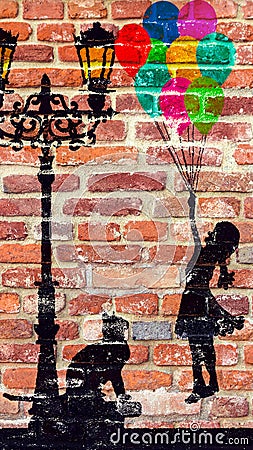 A little girl flies with balloons. Stock Photo