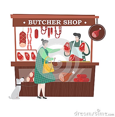 Woman with dog buy meat or pork lamb and sausages in buther shopin seller in local market isolated on white Vector Illustration
