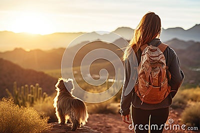Woman and Dog Hiking in Mountains Stock Photo