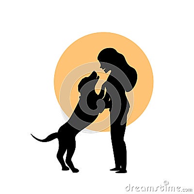 Woman and a dog hug cuddle cute silhouette Vector Illustration