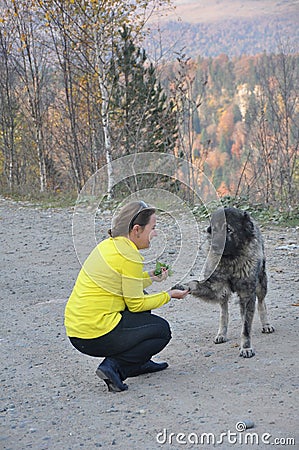 A woman with a dog on a mountain road. Caucasus, Russia Stock Photo