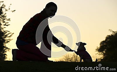 Woman and Dog`s Silhouette Stock Photo