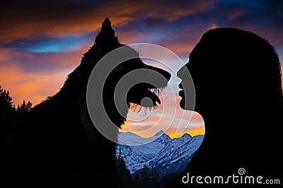Woman and dog silhouettes and landscape Stock Photo