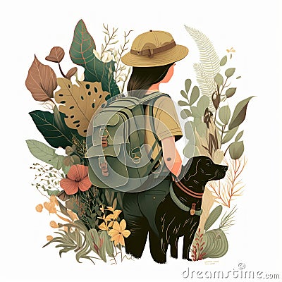 Woman is with dog. Tourist with a backpack is traveling. Beautiful colorful illustration. style. Generative AI Cartoon Illustration