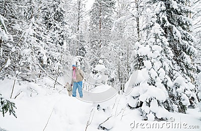 Woman with a dog on walk in a winter wood Stock Photo